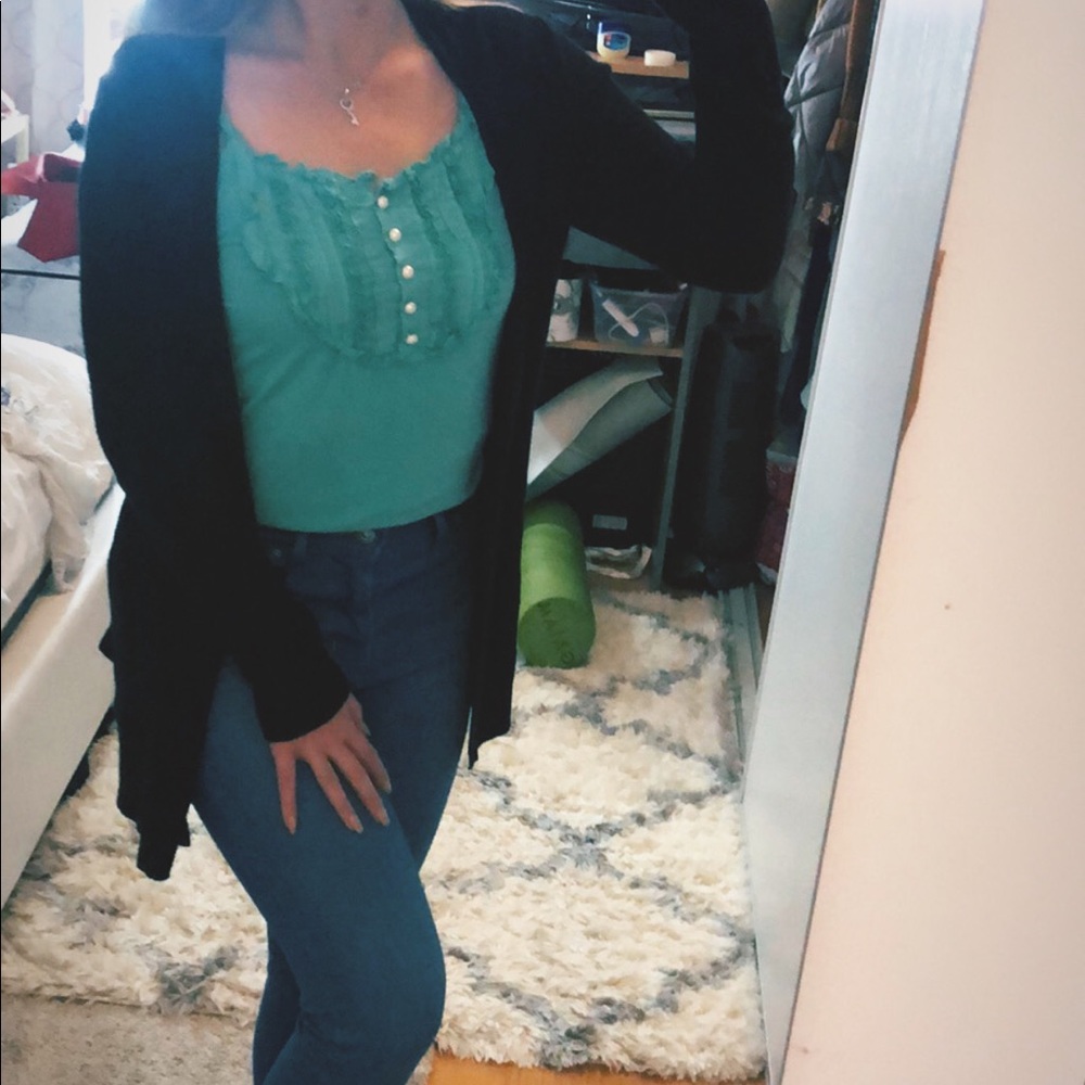 Teal ruffle pearl top